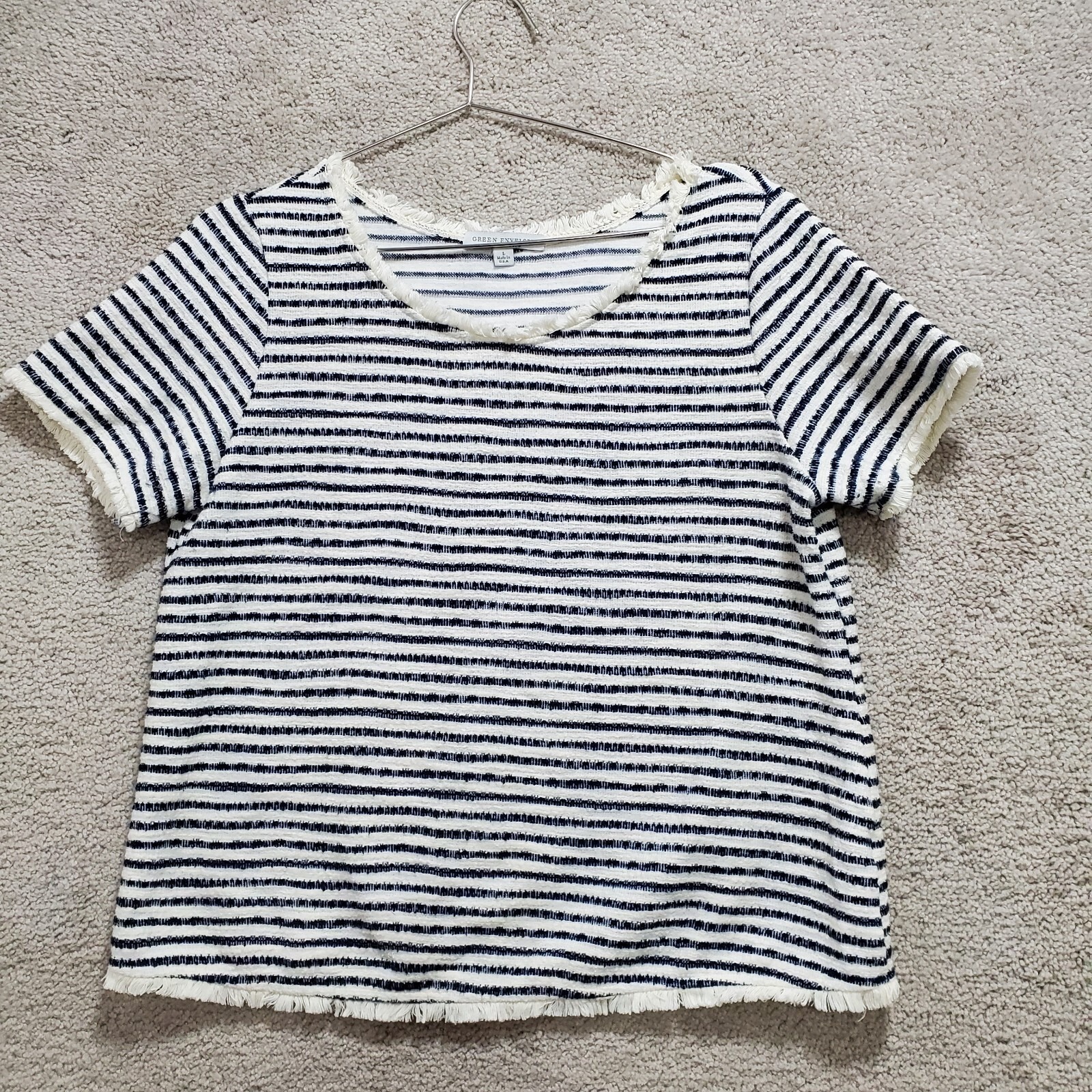 Green Envelope Blouse Women's Large White Navy Striped Frayed Trim Nautical